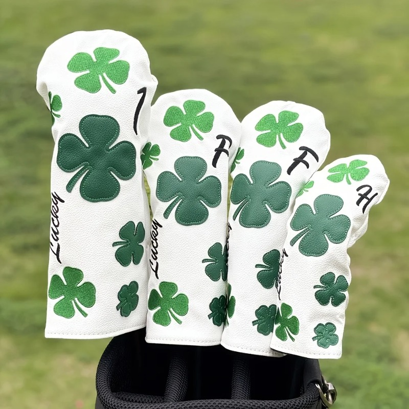 Golf Equipment Rack - ปลอกหุ้มหัวไม้กอล์ฟ Clover ดีไซน์ทันสมัย - สีขาวทนทานพร้อมลายโคลเวอร์สี่แฉกสีเขียว ปลอกป้องกันไม้กอล์ฟ