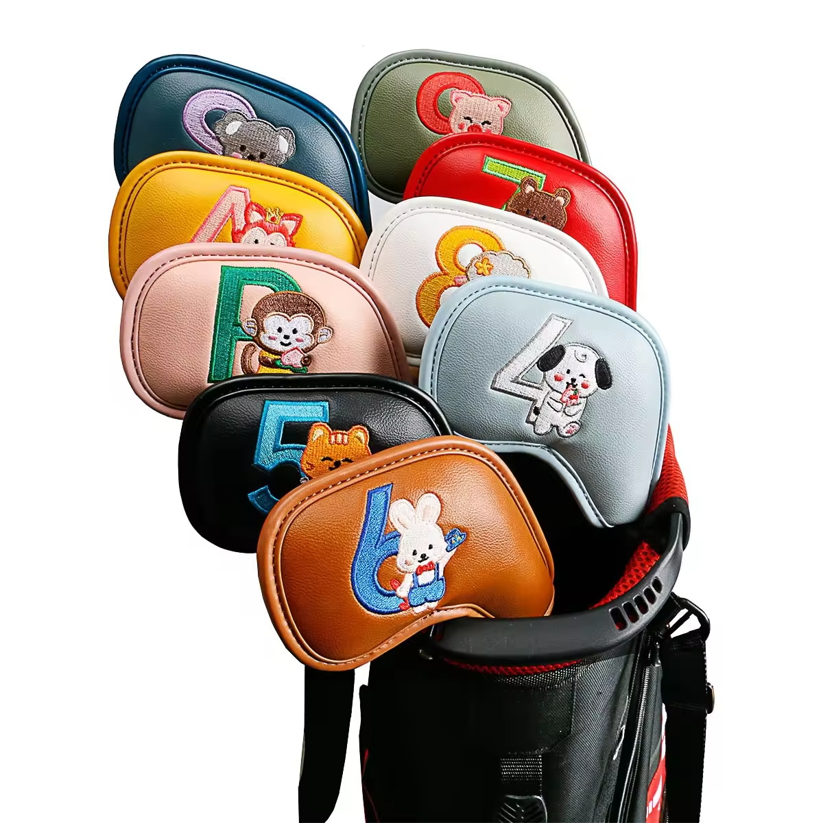 Golf Equipment Rack - ชุดคลุมหัวไม้กอล์ฟลายการ์ตูนสัตว์น่ารัก 9 ชิ้น, วัสดุหนัง PU ปักลาย,